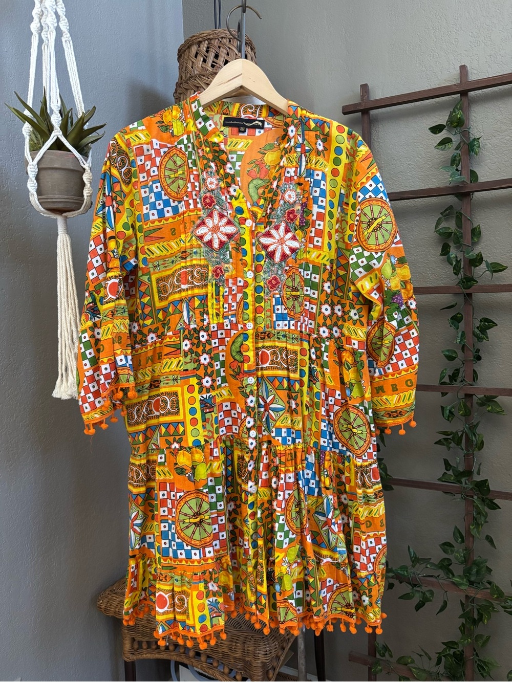Colori Di Mare Majolica Print Embellished Mini Dress Boho Tassel Hem Tunic - Picture 4 of 13